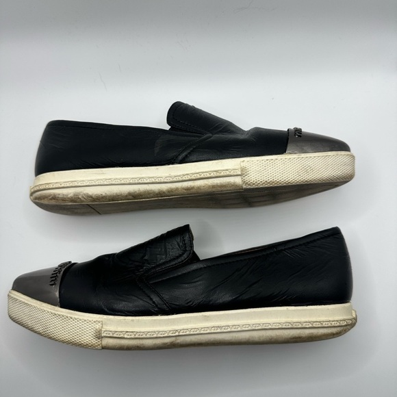 Miu Miu Womens Skate Shoes Black Leather Slip On Metal Cap Toe Size 36 Flats - Picture 7 of 8